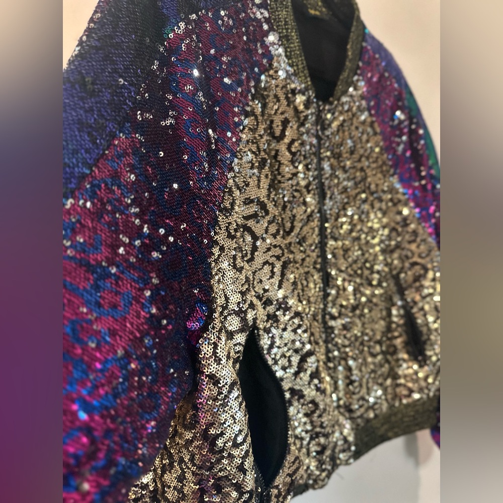 Splash Sequin Bomber Jacket in Silver and Purple - Picture 6 of 11